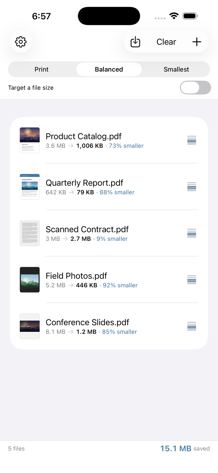 Crumpl on iPhone showing compression results for a single PDF