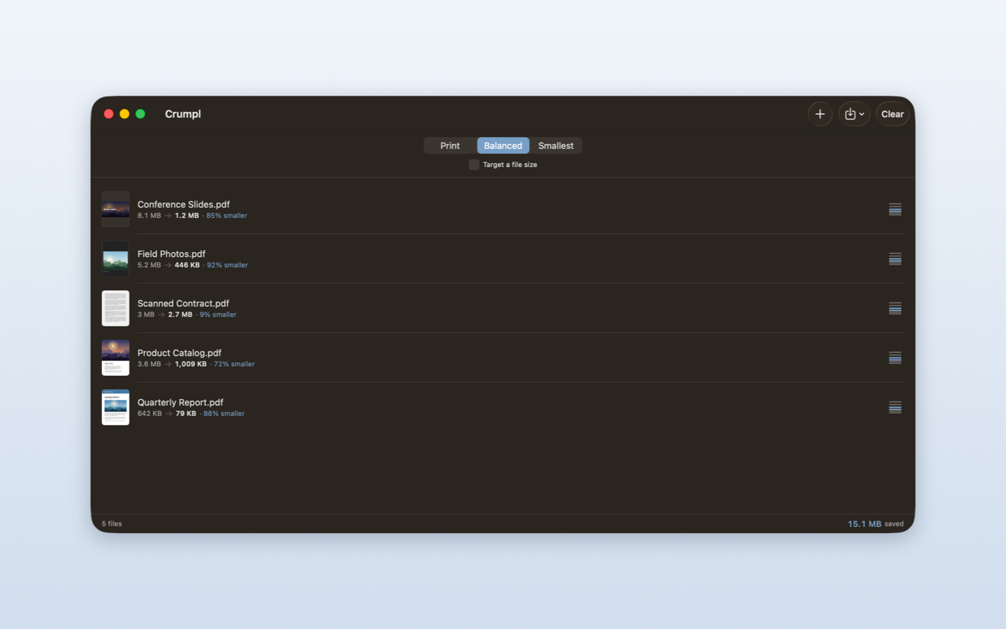 Crumpl on macOS showing five compressed PDFs with per-file savings and a 15.1 MB running total